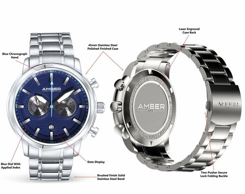 Montre Homme Chronographe Amber Time – Acier Inoxydable, Étanche 50m